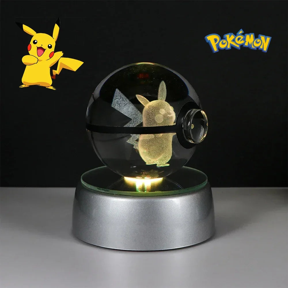 Pikachu Poké Ball in laser-engraved K9 crystal on a LED base