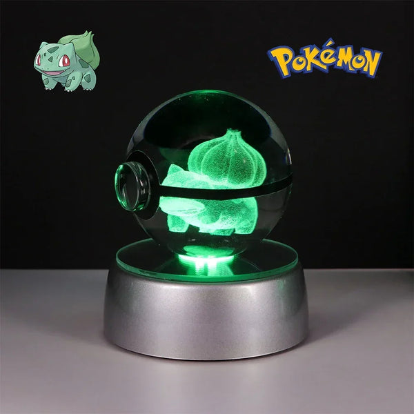 Pokéball Bulbizarre en cristal K9 gravé au laser, socle LED