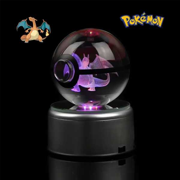 Pokéball Dracaufeu en cristal K9 gravé au laser, socle LED
