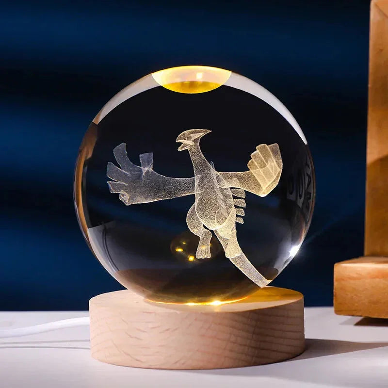 Pokéball Lugia en cristal K9 gravé au laser, socle LED en bois