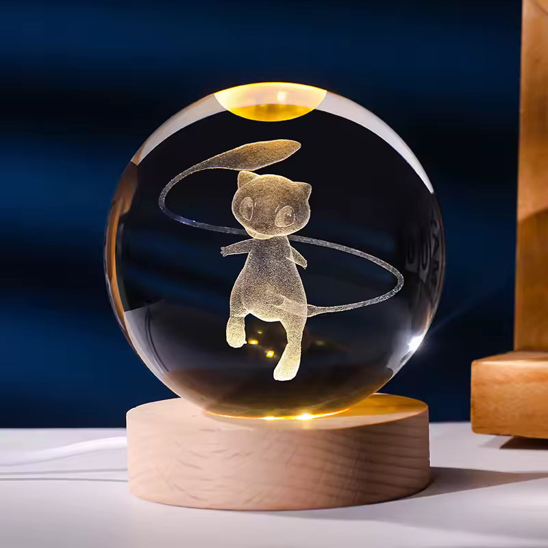Pokéball Mew en cristal K9 gravé au laser, socle LED en bois