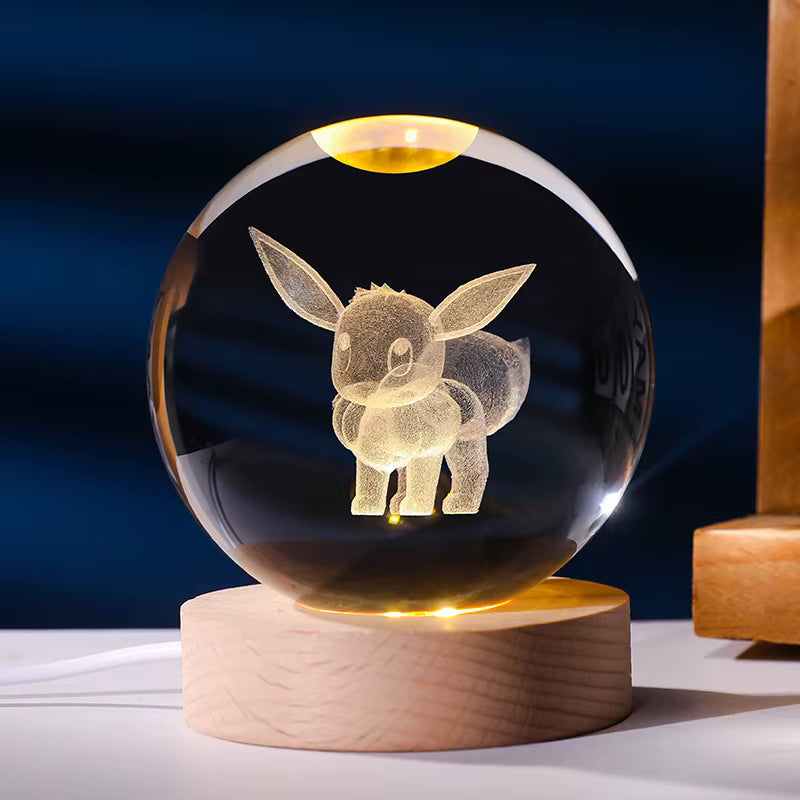 Pokébola de Eevee en cristal K9 grabado con láser, base LED de madera