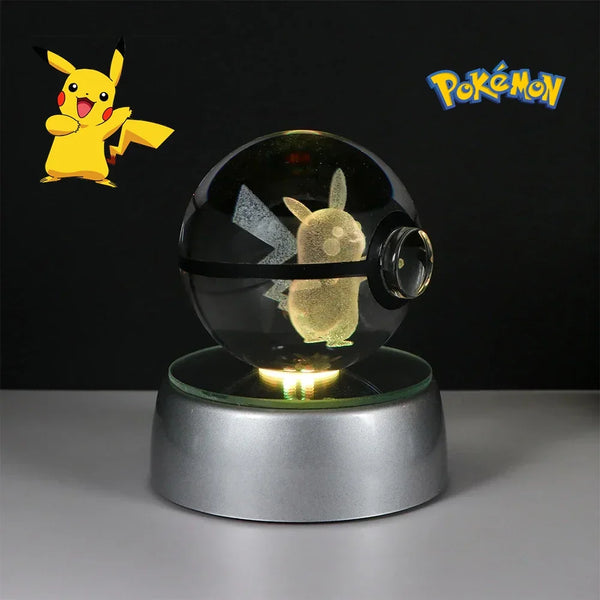 Pokéball Pikachu en cristal K9 gravé au laser, socle LED